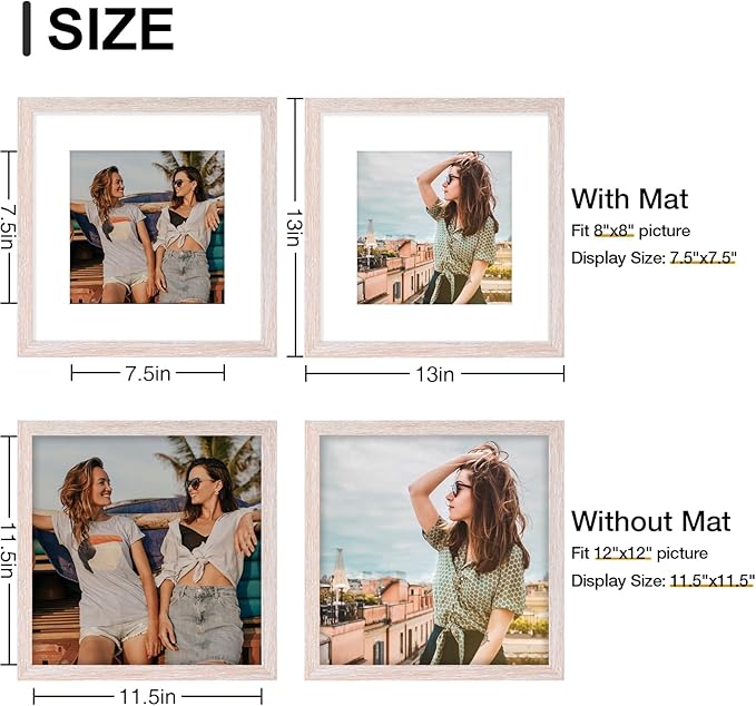 Vittanly 12x12 Picture Frames Set of 9, Shatter Resistant Plexiglass, Display 8x8 Pictures with Mat or 12x12 without Mat, Photo Frames for Wall Mount, Engineered Wood, Rustic Pink-Ruum Studio Home