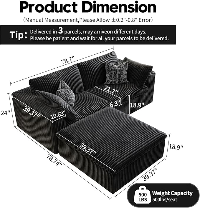 LoveSeat Cloud Couch Modular Sectional Sofa for Living Room,Modern Sofa with Deep Seat，2 Seater Boneless Couch with Ottoman,Comfy Upholstered Couches for Apartment, Studio, Office,Bedroom，Black-Ruum Studio Home