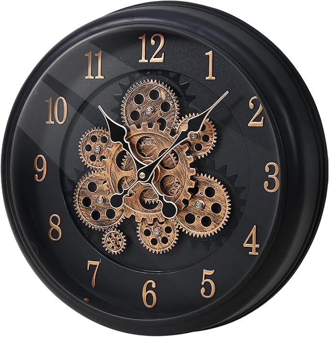 Maxstar Large Moving Gear Wall Clock,16" Vintage Mechanical Battery Operated Industrial Wall Clocks for Farmhouse Living Room,Home Office, Dinning Room, Kitchen, Steampunk Decor-Black,Arab Numeral-Ruum Studio Home