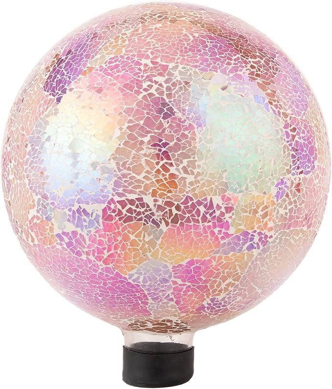 VCUTEKA Gazing Ball, Iridescent Crackled Glass Mosaic Gazing Balls Sphere for Garden Lawn Outdoor Ornament Yard Decorative, 10-Inch, Pink-Ruum Studio Home