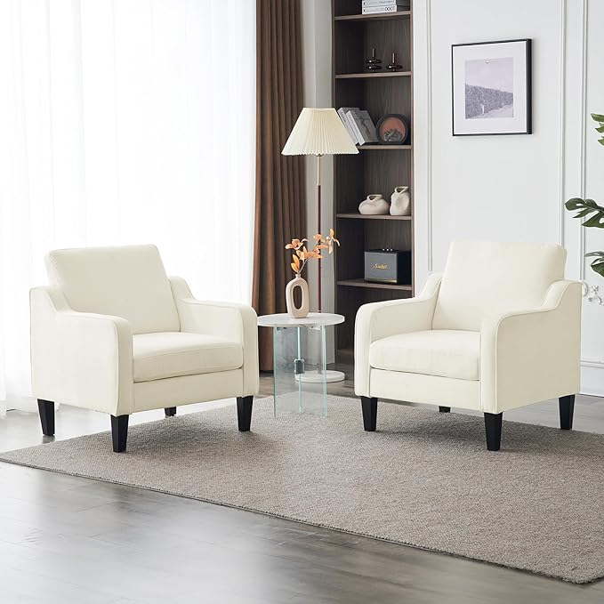 VINGLI Mid Century Modern Accent Chairs for Living Room, Cream White Comfy Reading Chair Soft Chenille Sofa Chairs Upholstered Side Armchair for Living Room, Bedroom, Apartment-Ruum Studio Home