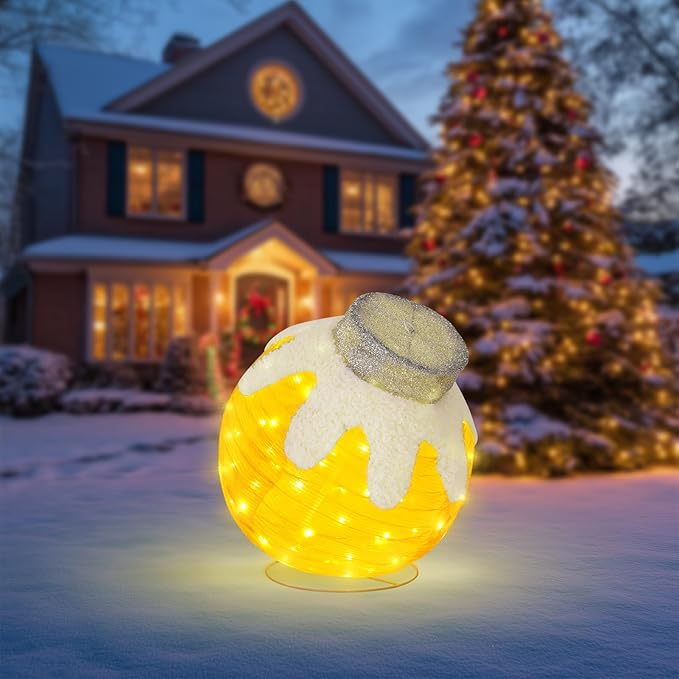 BRIGHTDECK Outdoor Christmas Ornaments, Lighted Pop-Up Outdoor Holiday Ball Decoration with 80 LED Lights, 8 Light Modes, Lighted Collapsible Holiday Decorations for Yard, Home (Yellow)-Ruum Studio Home