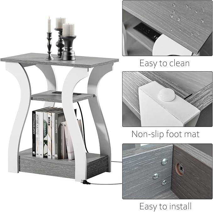 End Tables Living Room Set of 2,Grey End Table with Charging Station,Grey Side Table, Nightstand for Bedroom, 3 Tier End Table with Storage Shelf for Living Room-Ruum Studio Home
