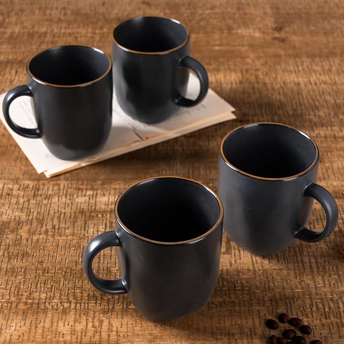 famiware Coffee Mugs Set of 4, Ocean Square 13oz Coffee Cup Set with Handle for Cocoa, Milk, Hot Chocolate, Tea, Water, Stoneware Cups for Kitchen, Microwave and Dishwasher Safe, Matte Black-Ruum Studio Home
