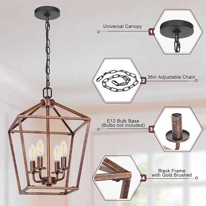 Chandelier for Dining Room, 4-Light Rustic Chandelier Fixtures, Vintage Ceiling Light with Adjustable Height, Antique Bronze Geometric Hanging Light for Bedroom, Foyer, Kitchen, Living Room, Entryway-Ruum Studio Home