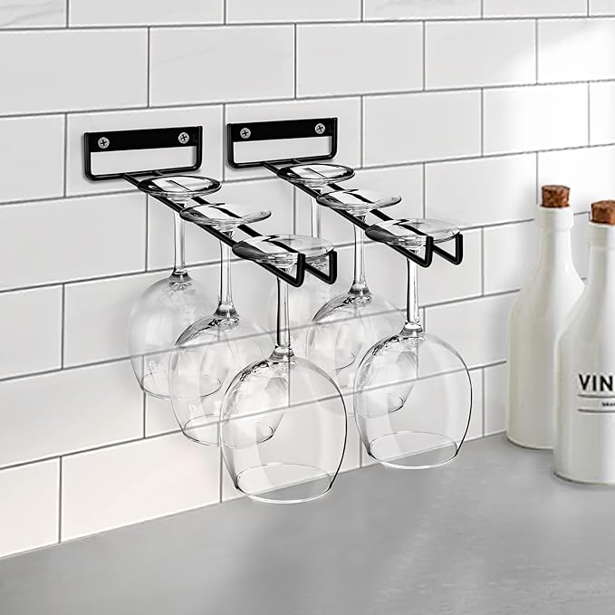 Sorbus Wine Glass Holder - 12 Inch Wall Mounted Wine Glass Rack for Under Cabinet Organization and Storage - Kitchen Shelves for Home Bar Holds Up to 4 Stemware Wine Glasses Each, 16 Total (4 Pack)-Ruum Studio Home