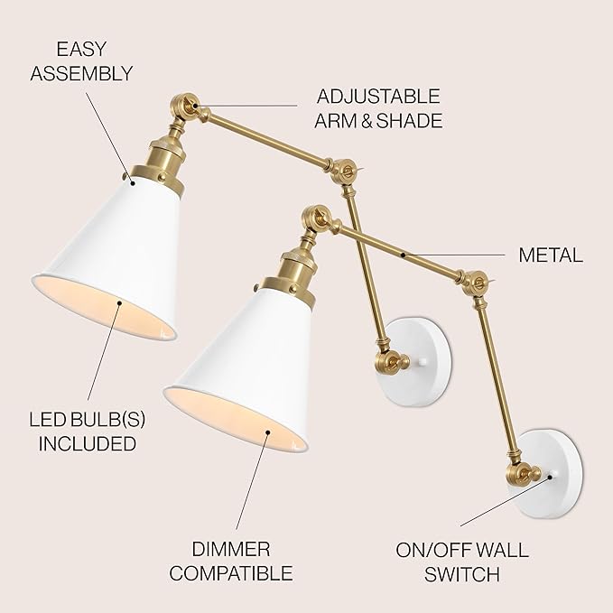 JONATHAN Y JYL7462B-SET2 Rover 7" Classic Industrial Metal Adjustable Arm LED Wall Sconce, White/Brass Gold (Set of 2) for Bedroom, Bathroom, Vanity-Ruum Studio Home