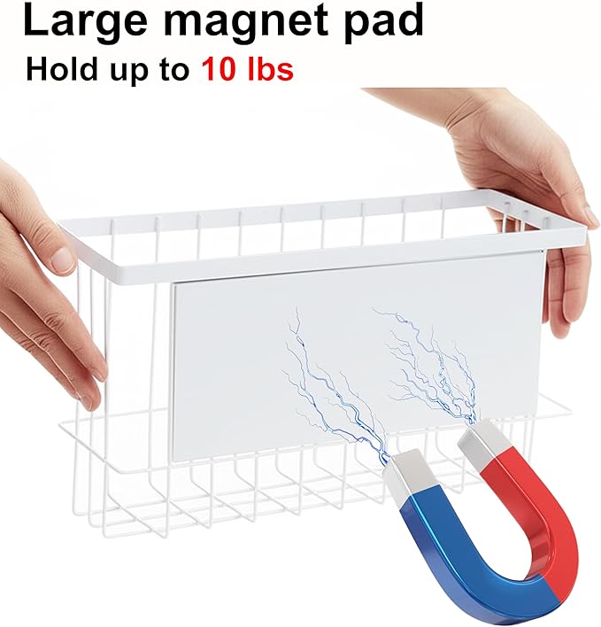 Magnetic Basket for Fridge, Magnetic Fridge Basket, Foil and Plastic Wrap Organizer with 4 hooks, Laundry Room Organization for Dryer Ball, Cling Film, Mail, Umbrella, White, 2 Pack-Ruum Studio Home