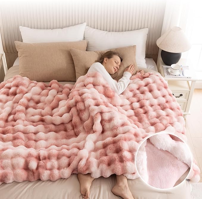 Cozy Faux Fur Throw Blanket for Couch-Warm Fuzzy Throw Blanket, Soft Plush Thick Bubble Blankets for Bedroom and Living Room, Furry Luxury Blanket, 90 x 90, Tie-Dye Pink-Ruum Studio Home