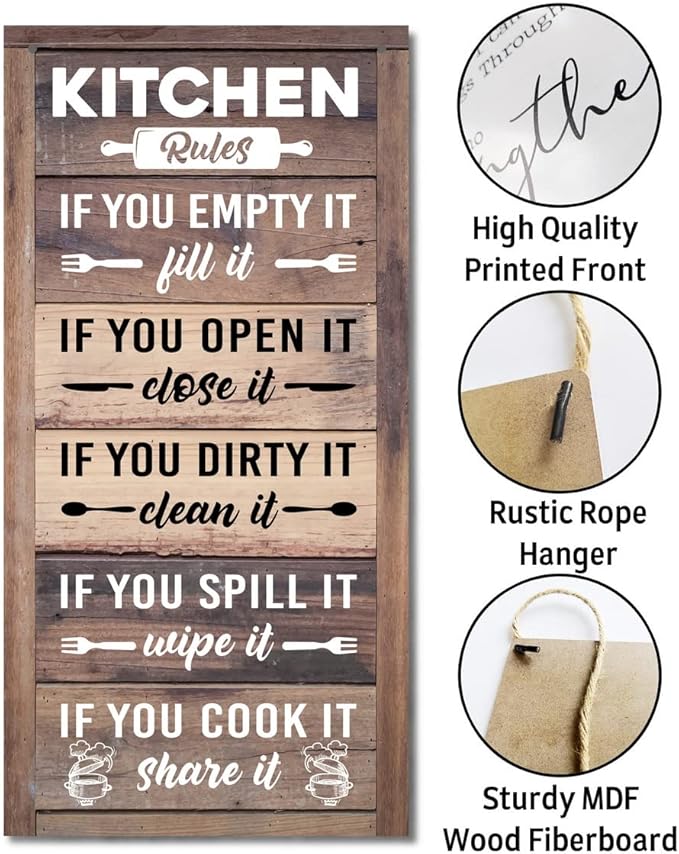 Hanging Kitchen Rules Wood Decor Sign, Rustic Kitchen Wooden Signs, Printed Wood Wall Art Sign, Kitchen Door Rules Rustic Sign, Hanging Wood Sign Kitchen Decor, Funny Farmhouse Kitchen Wall Décor-Ruum Studio Home