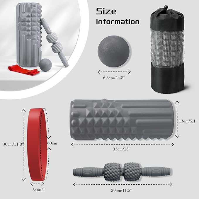 5-in-1 Foam Roller Set, Massage Roller Stick, Massage Ball, Resistance Band for Deep Muscle Massage, Trigger Point Release, Pilates, Yoga (Grey)-Ruum Studio Home