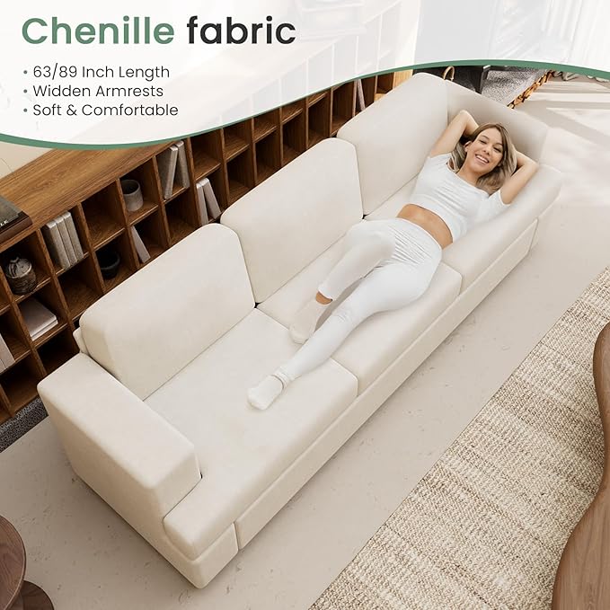 Sofa, 2 Piece Set Comfy Couch, 3 Seater & Loveseat Sofa with Deep Seats, Modern Sleeper Couch for Living Room, Beige Chenille-Ruum Studio Home