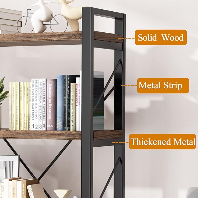 5 Tier Bookshelf Rustic Solid Wood Industrial Style Bookcase,Metal and Real Wood Vintage Bookshelf,Book Shelves Home Office, Retro Brown,Dark Matching credenza(LZ01-05tier) (5Tiers)-Ruum Studio Home