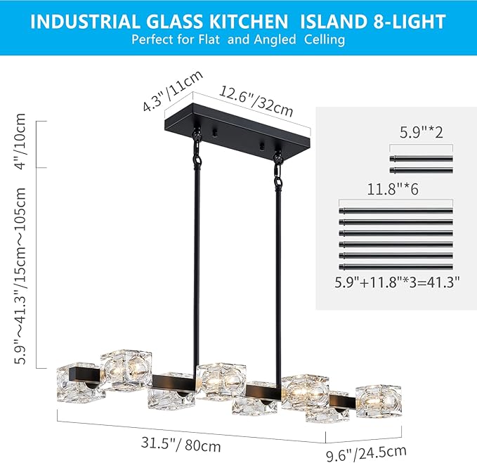 XINGQI Modern Chandeliers for Dining Room Over Table, 8-Light Rectangular Kitchen Island Light Fixture, Linear Farmhouse Metal Glass Black Vintage Hanging Lamp for Living Room Bar-Ruum Studio Home