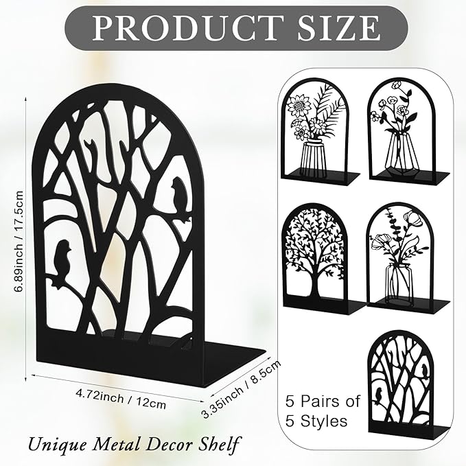 Faccito 5 Pairs Book Ends, Black Metal Bookends for Shelves Decorative, Non Skid Tree Stopper and Flower Shelf Holder for Heavy Books, Home Office School Supplies (Classic)-Ruum Studio Home