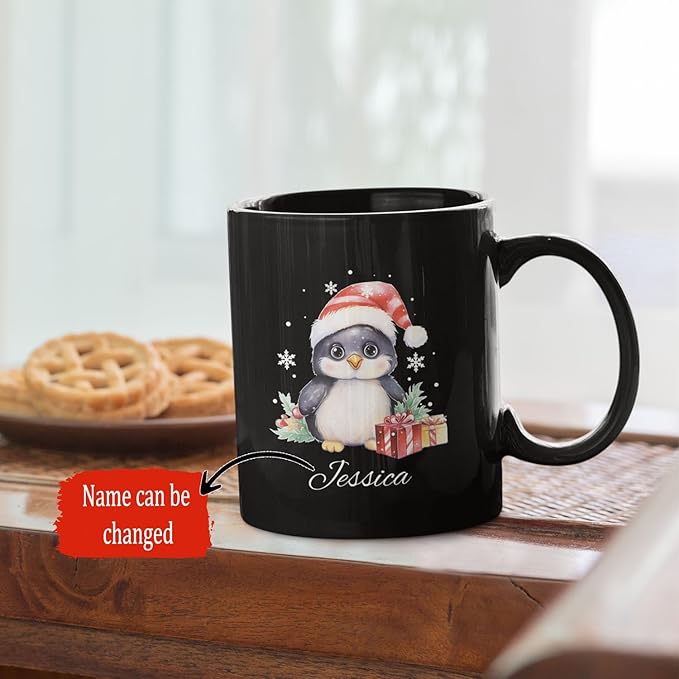 Customized Christmas Themed Black Cup, Personalized Cute Xmas Penguin Mug With Name, Gift For Christmas, Custom Animal Wearing Santa Hat Design Cup, Christmas Animal Coffee Mug 11oz 15oz-Ruum Studio Home