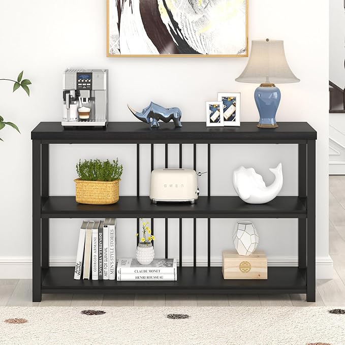 FOLUBAN Entryway Table, Modern Sofa Console Table with 3 Tier Storage Shelf for Living Room Hallway Foyer, Industrial Black Oak-Ruum Studio Home