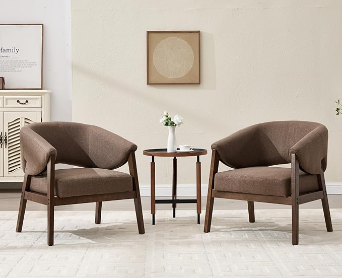 Mid-Century Modern Accent Chair, Comfy Barrel Armchair with Wide Seat, Upholstered Lounge Chair with Walnut Wood Legs for Living Room/Bedroom/Reading Corner, Linen Fabric, Brown, 1PC-Ruum Studio Home