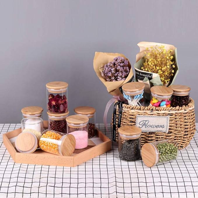 Glass Jars Set,Upgrade Spice Jars with Wood Airtight Lids and Labels, 6oz 12 Piece Small Food Storage Containers for Home Kitchen, Tea, Herbs, Sugar, Salt, Coffee, Flour, Herbs, Grains…-Ruum Studio Home