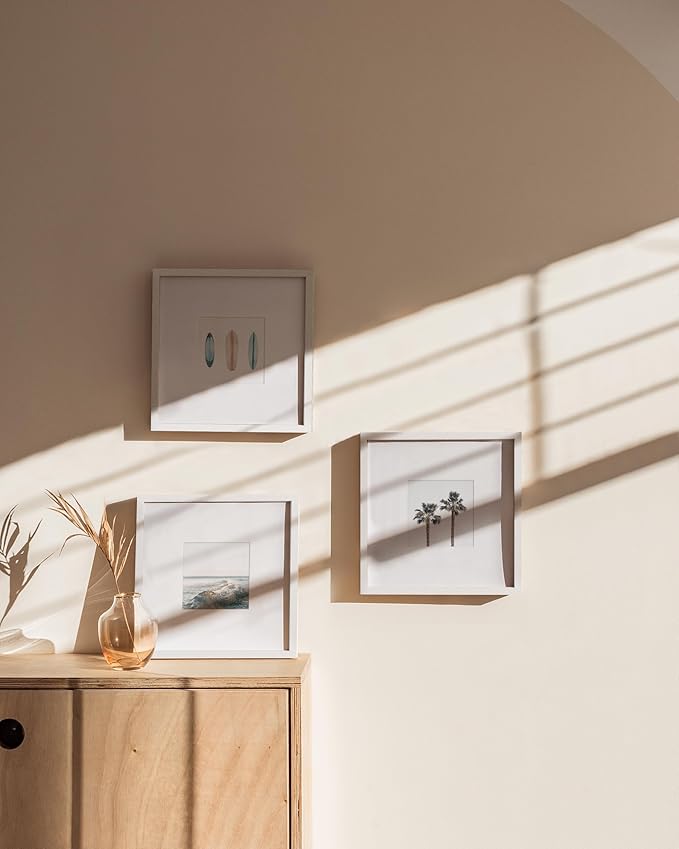 HAUS AND HUES 10x10 White Metal Picture Frames Matted to 5x5 - Features Premium Aluminum & Hanging Hardware, Shatterproof Plexiglass - Ideal for Home, Room, Office (10x10 in, White, Set of 3)-Ruum Studio Home