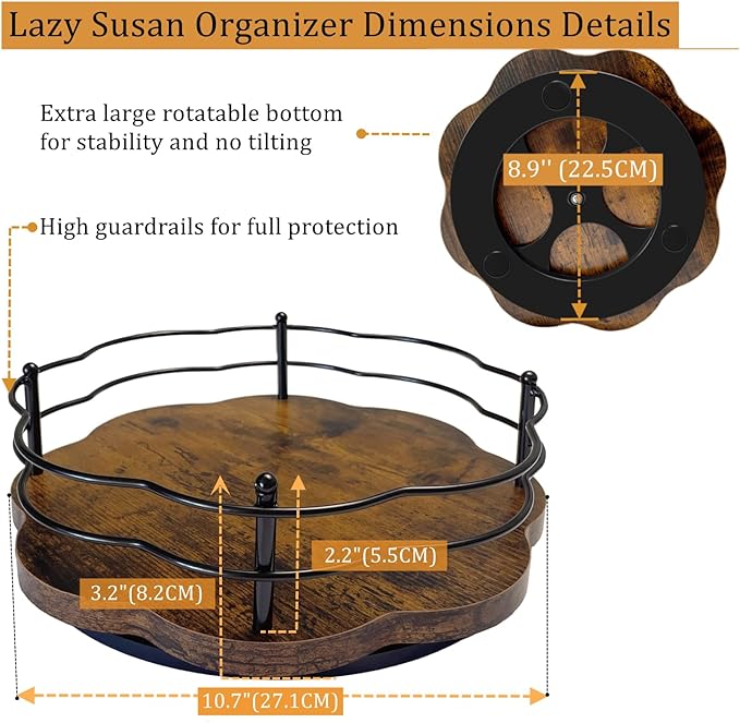 Lazy Susan Turntable Organizer with Higher Metal Sides, 11" Wooden Lazy Susan Spice Rack Organization and Storage for Cabinet,Kitchen,Countertop,Table Top,Dining Table,Coffee Bar Decor-Ruum Studio Home
