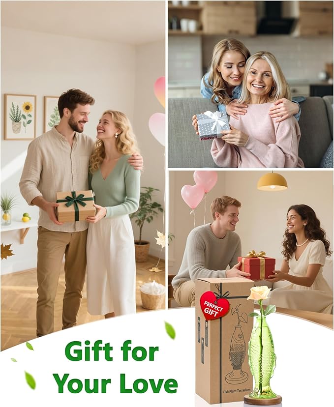 Nacome Fish Vase Glass Plant Terrarium with Wooden Stand,Plant Propagation Station for Home Office Hydroponics Desk Decoration,Unique Gardening Gifts for Plant Lovers Women Mom(Green)-Ruum Studio Home
