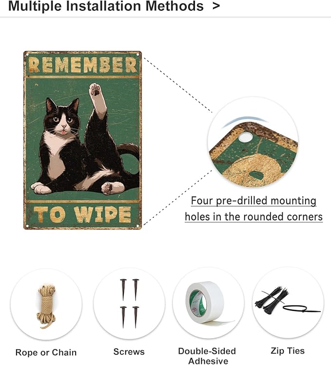 ALKB Bathroom Tuxedo Cat Sign - Remember to Wipe - Cat Lover Gift 8x12 Inch Vintage Metal Sign for Bathroom Decorations-Ruum Studio Home