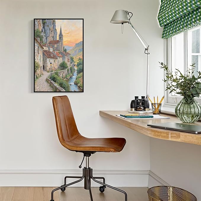 Small town scenery poster on the bank of the mountain stream is suitable for living room bedroom and office natural oil painting poster-Ruum Studio Home