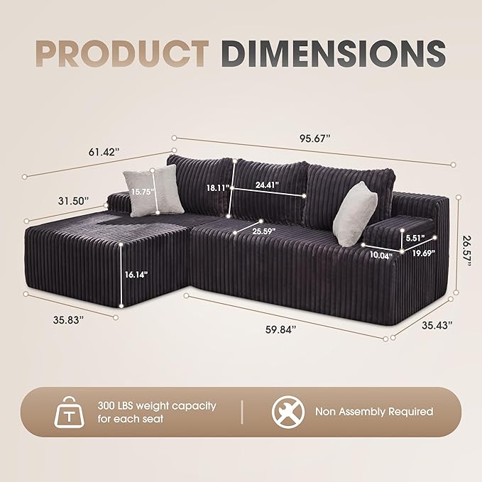 Hobestluk 96“ Modular Sectional Sofa Couches L-Shape Couch 3 Seat Modular Sofa Memory Foam Sectional Couches for Living Room, Cloud Couch with Oversized Chaise (Grey, Stripe (Left Facing Chaise))-Ruum Studio Home