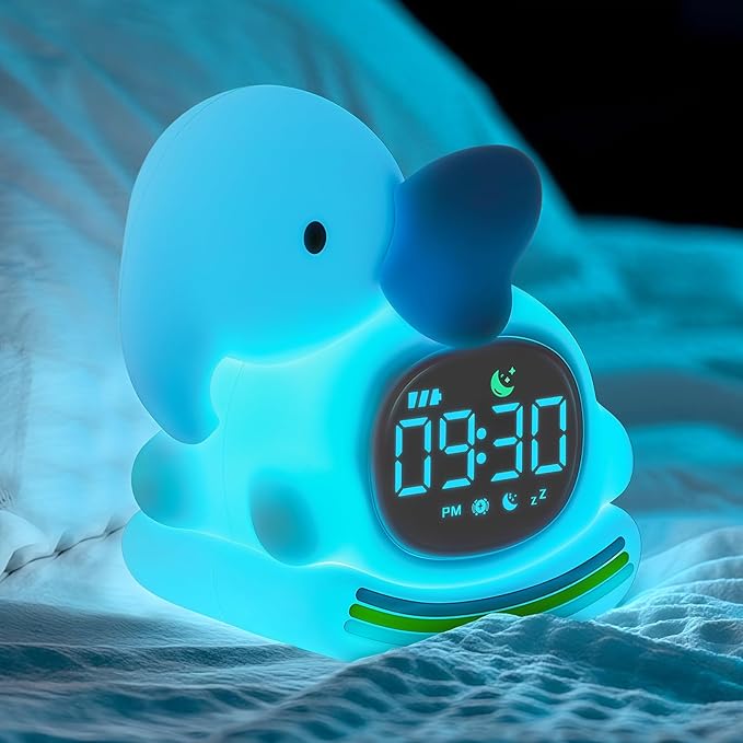 Alarm Clock for Kids with Night Light, Sleep Training Clock Time to Wake Clock, Rechargeable Silicone Light for Bedroom, Perfect Sleep Companion for Boys Girls，Blue Elephant-Ruum Studio Home