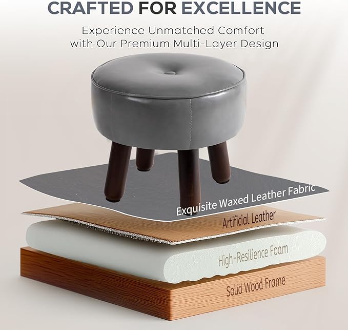 Ottoman, Small Foot Stool, Round Leather Pouf Ottoman, 13''L x 13''W x 10.2''H Foot Rest with Non-Skid Rubber Legs for Living Room Bedroom Couch Entryway, Grey-Ruum Studio Home