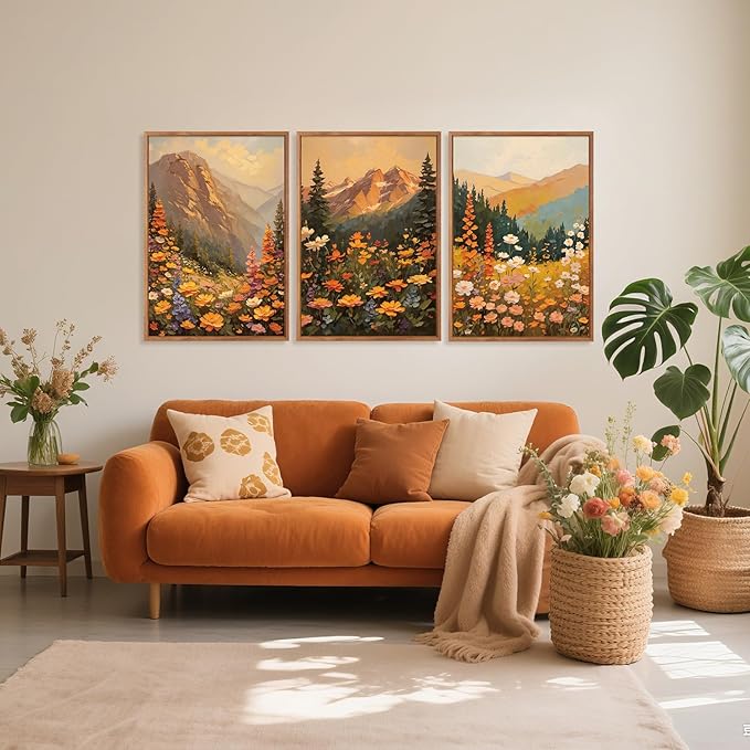 Aurlan Boho Mountain Sunset Landscape Framed Wall Art(16"x24"), 3PCS Large Wildflowers Meadow Canvas Artwork, Colorful Abstract Watercolor Nature Forest Scenery Decor for Home Office Bedroom-Ruum Studio Home