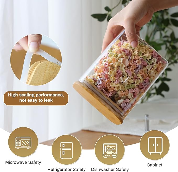 Liuruiyu Glass Storage Jars 12 * 8cm [Set of 6],Clear Glass Food Storage Containers with Airtight Bamboo Lid Stackable Kitchen Canisters for Candy,Cookie,Rice,Sugar,Flour,Pasta(Square)-Ruum Studio Home