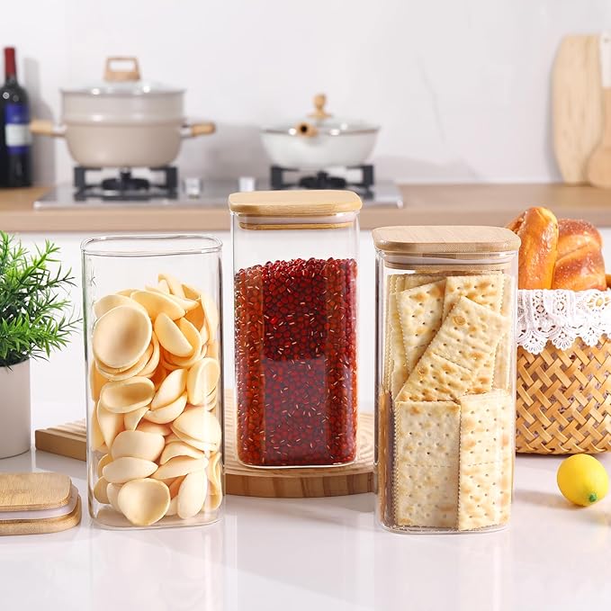 Glass Food Storage Jars with Lids(50oz)Square Set of 3 ,Glass Storage Containers Clear Glass Food Canister with Bamboo Lid Airtight For Serving Tea, Coffee Beans, Flour,Cookie, Cereal,Spice and More-Ruum Studio Home