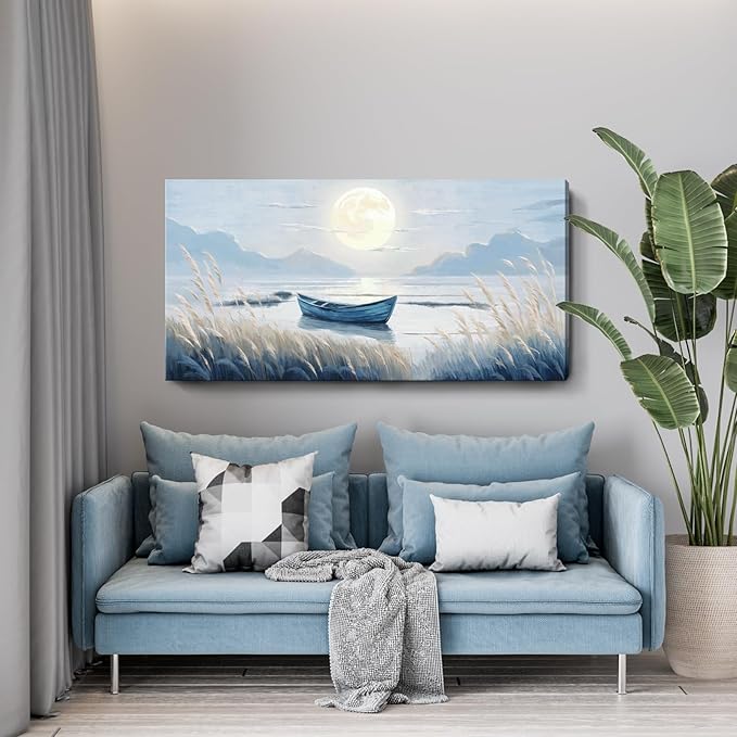 Large Wall Art for Living Room Bedroom Decor - Modern Nautical Beachy Ocean Beach Seascape Nature Artwork with Blue Boat Moon Lake Mountain Sea - Relaxing Serene Canvas Picture for Coastal Rustic Home-Ruum Studio Home