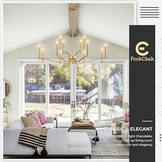 12 Light Gold Living Room Chandelier High Ceiling Foyer Candle Chandelier Large Modern Brass 44in Metal Chandeliers Hanging Light for Master Bedroom Dining Room Light Fixture Over Table-Ruum Studio Home