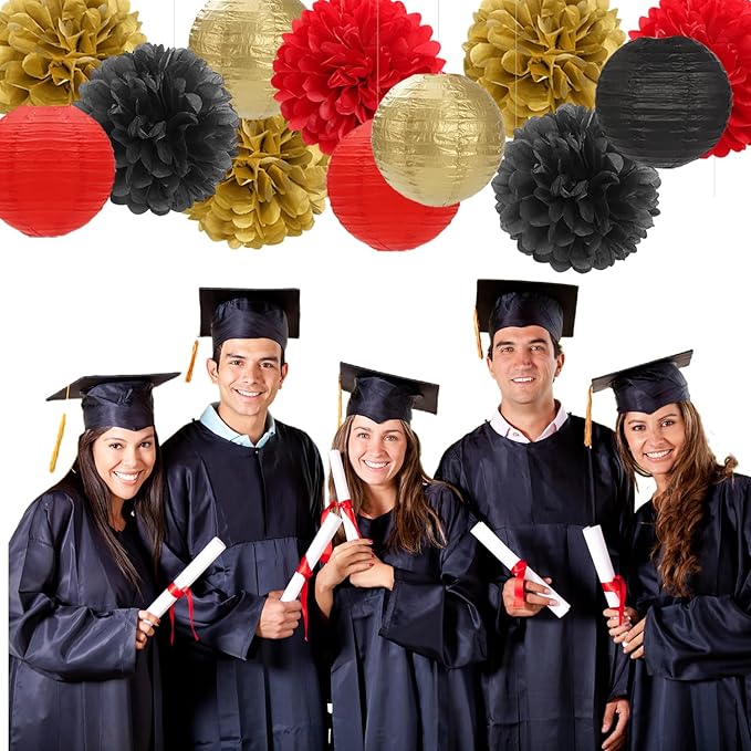 Red-Black Gold Party-Decorations Paper Flowers Lanterns - 15PCS Casino Theme Halloween Tissue Pom Poms Streamers,Game Night Women Men Birthday Wedding Bachelorette Hanging Supplies Decor Hugfond-Ruum Studio Home