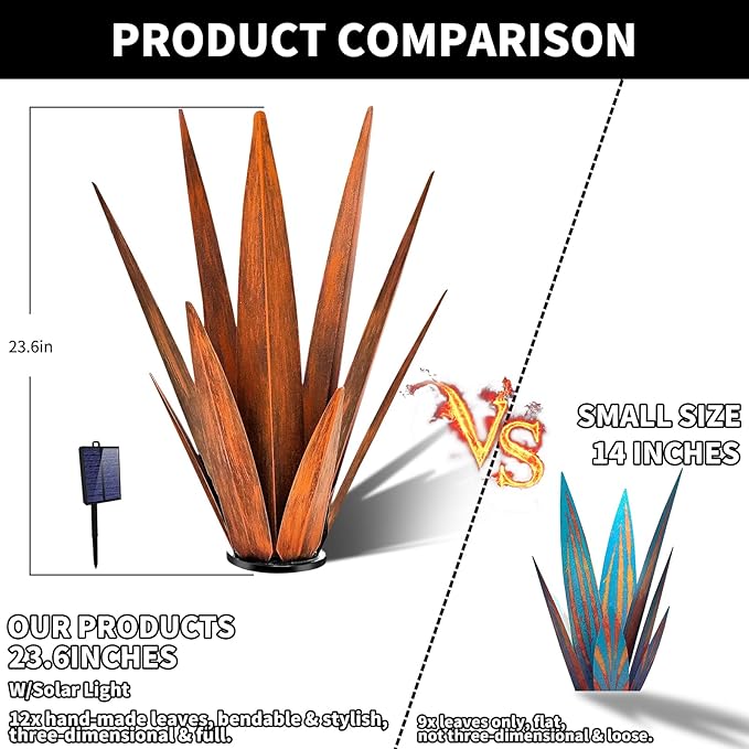 Large Tequila Rustic Sculpture, Rustic Metal Agave Plants for Outdoor, Metal Agave Garden Yard Statue, Outdoor Lawn Ornaments Yard Stakes (Rusty - L (W/Solar Light))-Ruum Studio Home