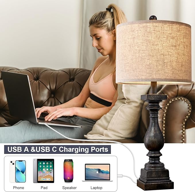 BOBOMOMO Retro 27" USB Charging Ports A/C Farmhouse Single Lamps for Bedrooms Retro Side Table Lamps Bedside Lamp for Side Nightstand Living Room 1 Pack-Ruum Studio Home