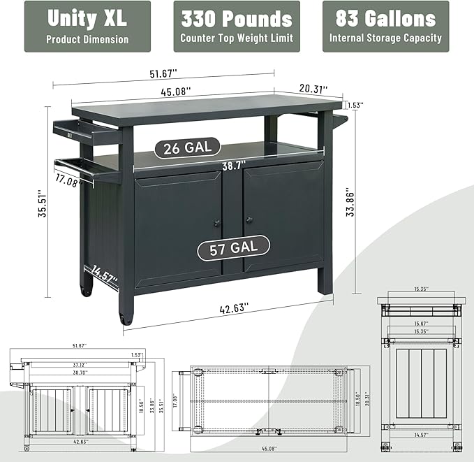 Domi Grill Carts Outdoor Storage Cabinet with Wheels, Metal Outdoor Grill Cart Kitchen Dining Table Cooking Prep BBQ Table for Patio, Kitchen Island, Home Party, Bar (Grey)-Ruum Studio Home