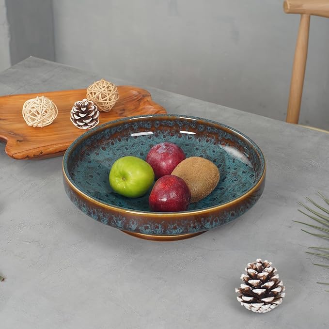 Ceramic Fruit Bowl for Kitchen Counter,Decorative Pedestal Bowl for Table Countertop,Large Footed Serving Bowl,10.2 Inch (peacock Green)-Ruum Studio Home
