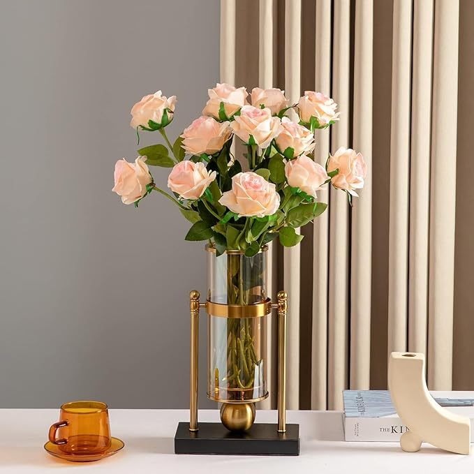 Pink Fake Roses Artificial Flowers - 10 Pcs Fake Artificial Roses Silk Flowers with Stems for Home Wedding Hotel Office Centerpiece Decor（Champagne Pink）-Ruum Studio Home