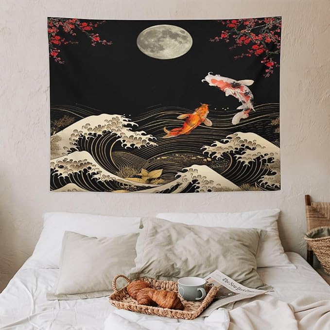 Houselerax Koi Fish Tapestry, Japanese Style Yin Yang Big Wave Cherry Blossom Tapestries Wall Hanging for Bedroom Living Room Office Decor 40"x30"-Ruum Studio Home
