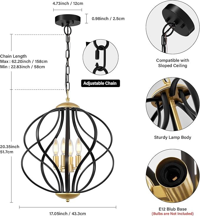 Modern Black and Gold Chandelier for Dining Room, 4 Lights Geometric Chandeliers, Sphere Chandelier Industrial Large Pendant Light Fixtures Hanging for Kitchen, Entryway, Foyer, Stairs-Ruum Studio Home