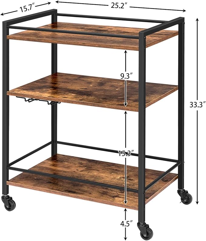 HOOBRO Bar Cart for The Home, Serving Cart with Wine Glass Hooks, Rolling Kitchen Cart with Lockable Wheels, 25.2 x 15.7 x 33.3 Inches Beverage Cart with Storage Shelves, Rustic Brown BF02TC01-Ruum Studio Home