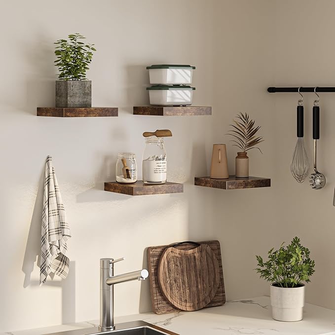 Square Floating Shelves for Wall, 10"W x 10"D x 1.2"H, Small Wooden Wall Mounted Display Shelf with Invisible Brackets for Living Room, Bedroom, Bathroom, Kitchen Decor, Set of 4, Rustic Brown-Ruum Studio Home