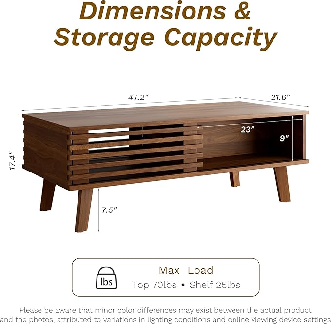Mid Century Coffee Table with Storage & Sliding Fence Door, Modern Coffee Tables for Living Room, Walnut Finish-Ruum Studio Home