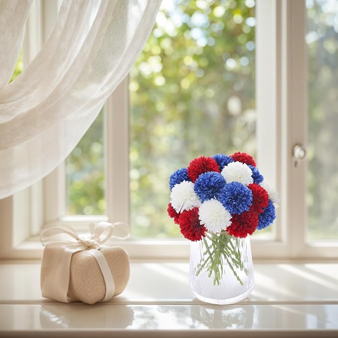 Kimura's Cabin 21Pcs Faux Chrysanthemum Flowers 4th of July Patriotic Flower Decor Artificial Mums Memorial Day Fake Ball Flower Home Event Table Centerpieces DIY Decoratio (Red White Blue-Ruum Studio Home
