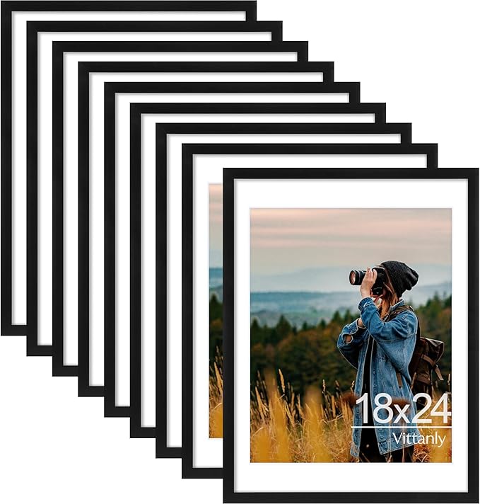 Vittanly 18x24 Picture Frames Set of 9, Shatter Resistant Plexiglass, Display 16x20 Pictures with Mat or 18x24 without Mat, Photo Frames for Wall or Tabletop, PVC Frame, Black-Ruum Studio Home