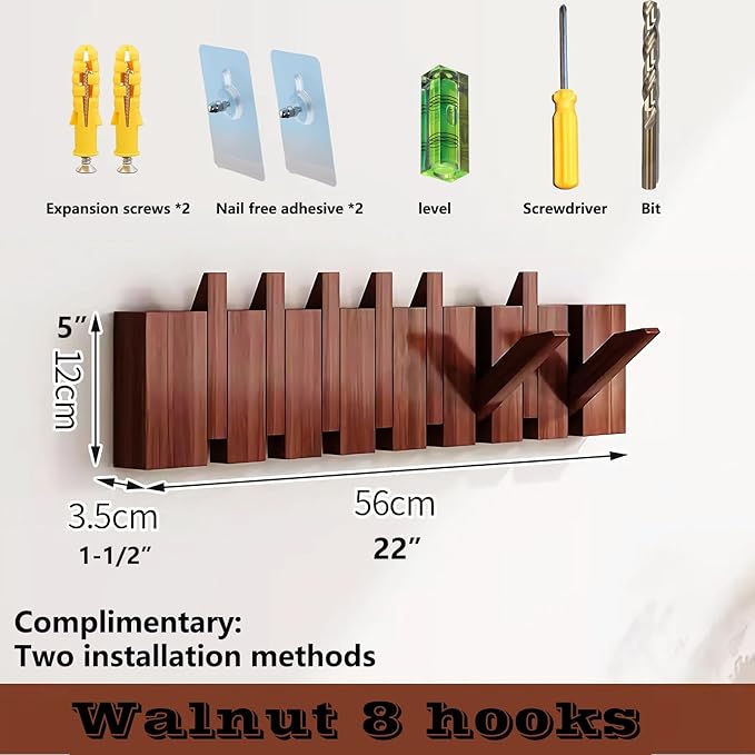 Wall Mounted Piano Key Hanger | Flip Style Hook | Entrance Wall Art Hook, Made of Oak Wood (3 Times Painted, 4 Times Polished) (Walnut, 8Hooks)-Ruum Studio Home